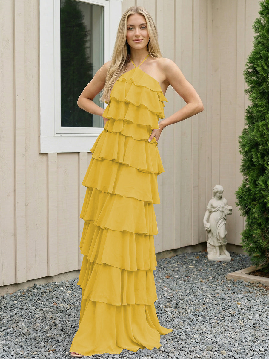 Chiffon Halter Tiered Maxi Long Formal Dresses with Backless Design