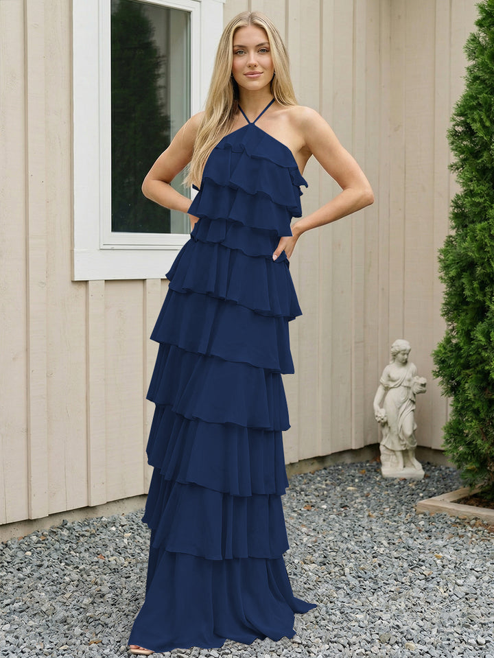 Chiffon Halter Tiered Maxi Long Formal Dresses with Backless Design