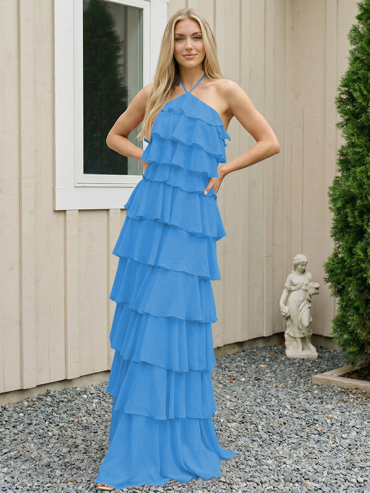 Chiffon Halter Tiered Maxi Long Formal Dresses with Backless Design