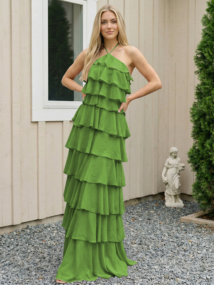 Chiffon Halter Tiered Maxi Long Formal Dresses with Backless Design