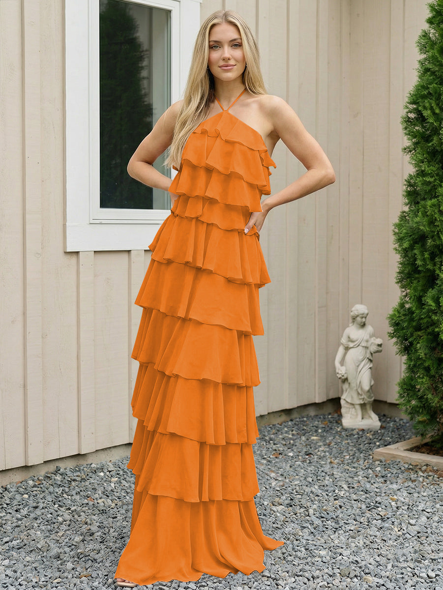 Chiffon Halter Tiered Maxi Long Formal Dresses with Backless Design