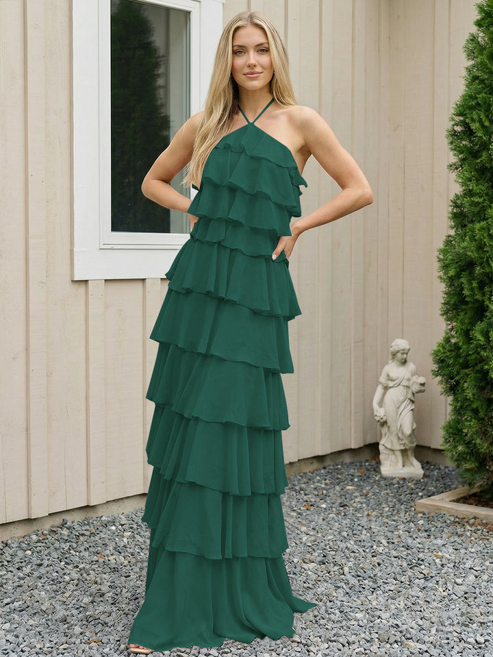 Chiffon Halter Tiered Maxi Long Formal Dresses with Backless Design