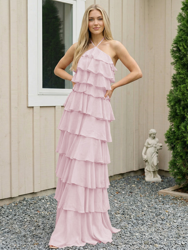 Chiffon Halter Tiered Maxi Long Bridesmaid Dresses with Backless Design