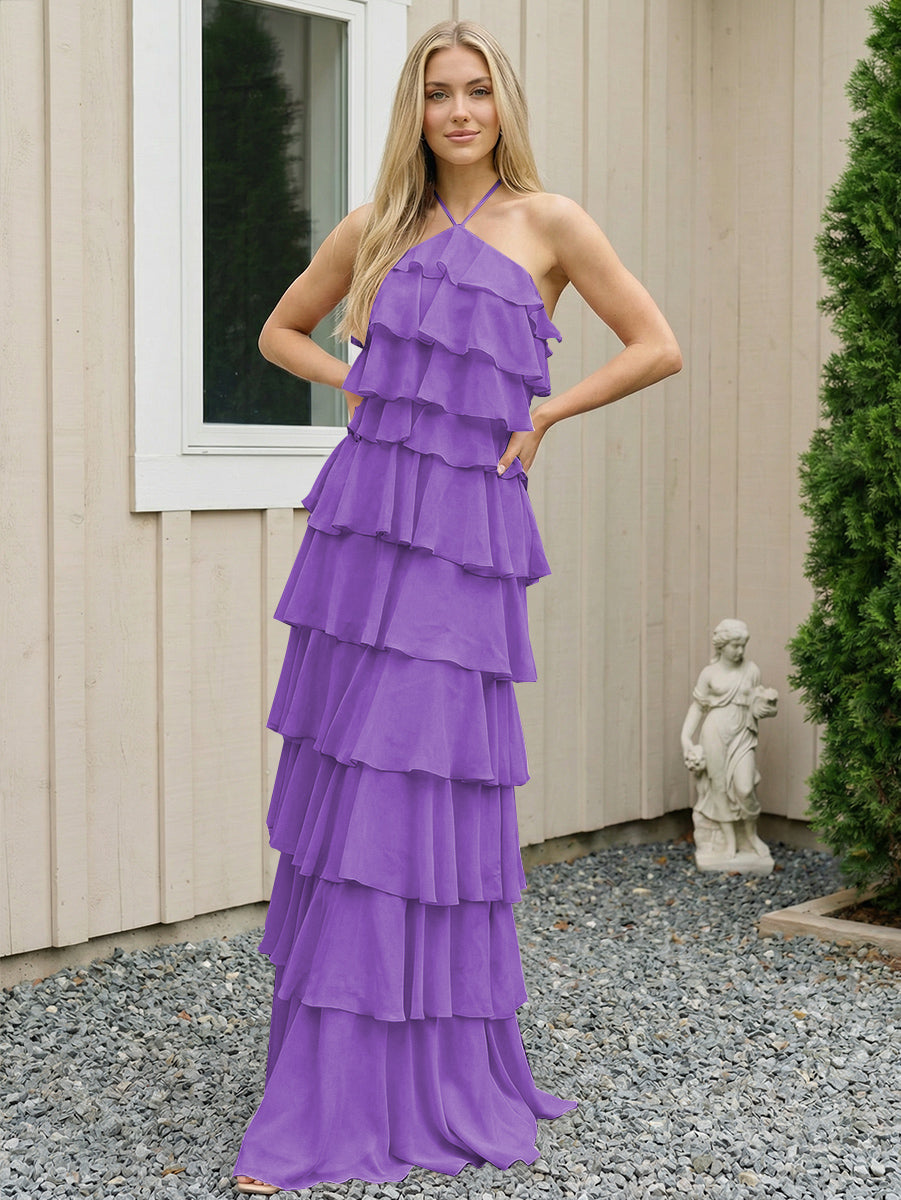 Chiffon Halter Tiered Maxi Long Formal Dresses with Backless Design
