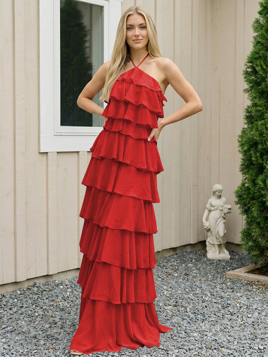 Chiffon Halter Tiered Maxi Long Formal Dresses with Backless Design