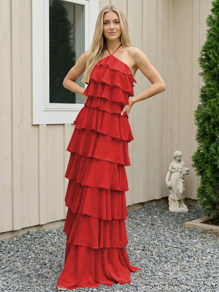 Chiffon Halter Tiered Maxi Long Formal Dresses with Backless Design