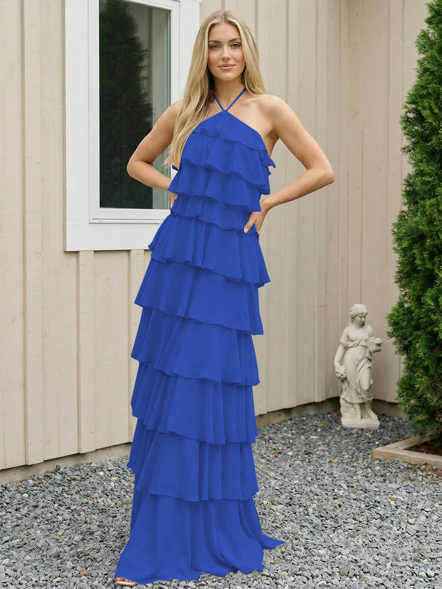 Chiffon Halter Tiered Maxi Long Formal Dresses with Backless Design