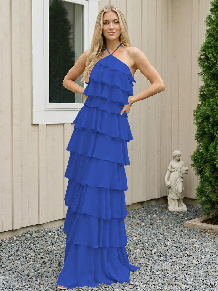 Chiffon Halter Tiered Maxi Long Formal Dresses with Backless Design