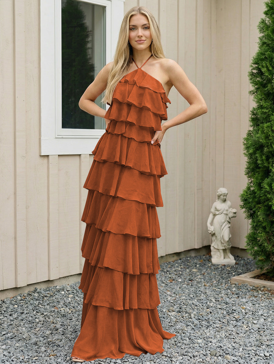 Chiffon Halter Tiered Maxi Long Formal Dresses with Backless Design