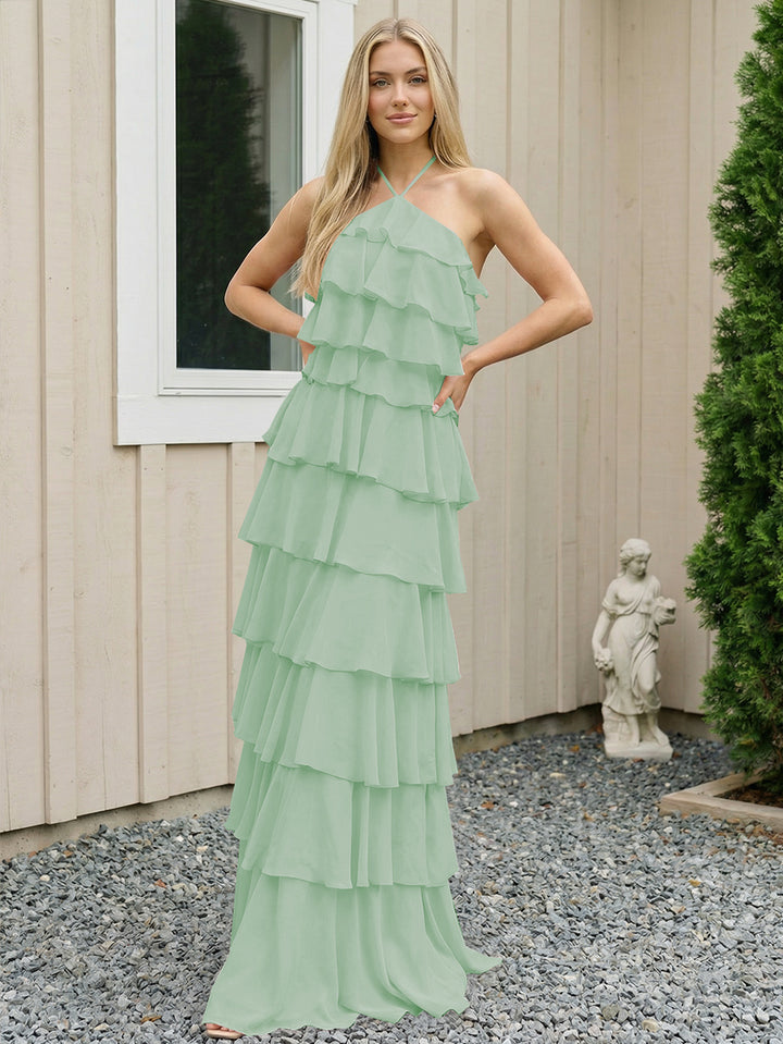 Chiffon Halter Tiered Maxi Long Formal Dresses with Backless Design
