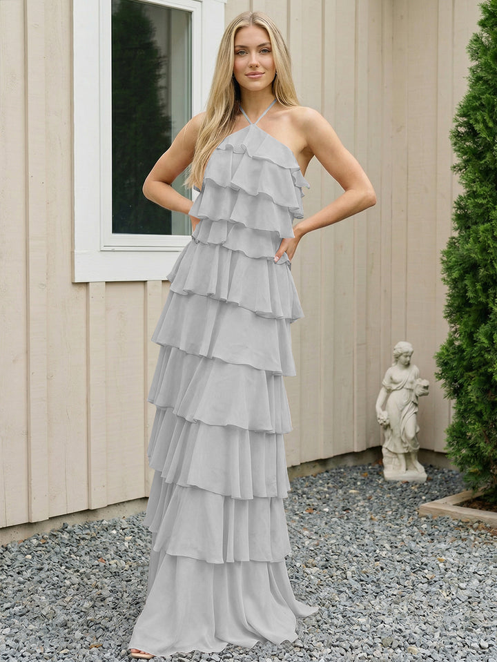 Chiffon Halter Tiered Maxi Long Formal Dresses with Backless Design