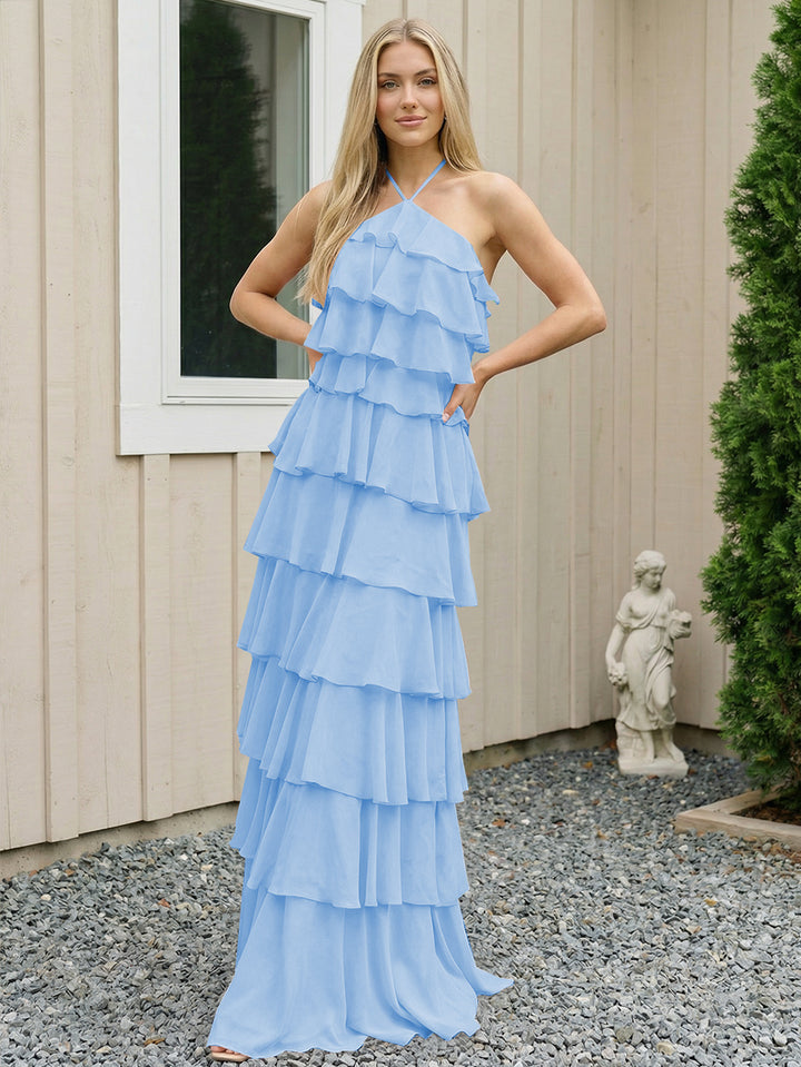 Chiffon Halter Tiered Maxi Long Formal Dresses with Backless Design
