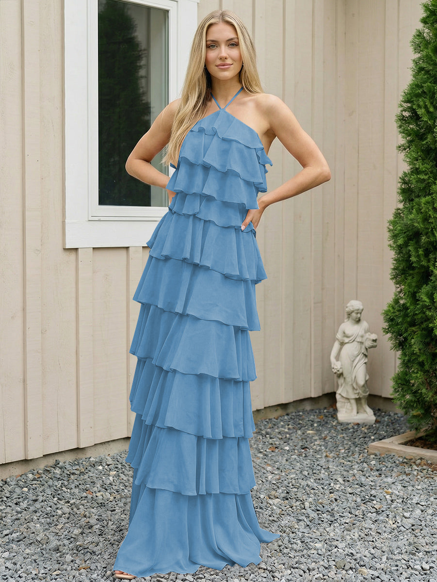 Chiffon Halter Tiered Maxi Long Formal Dresses with Backless Design