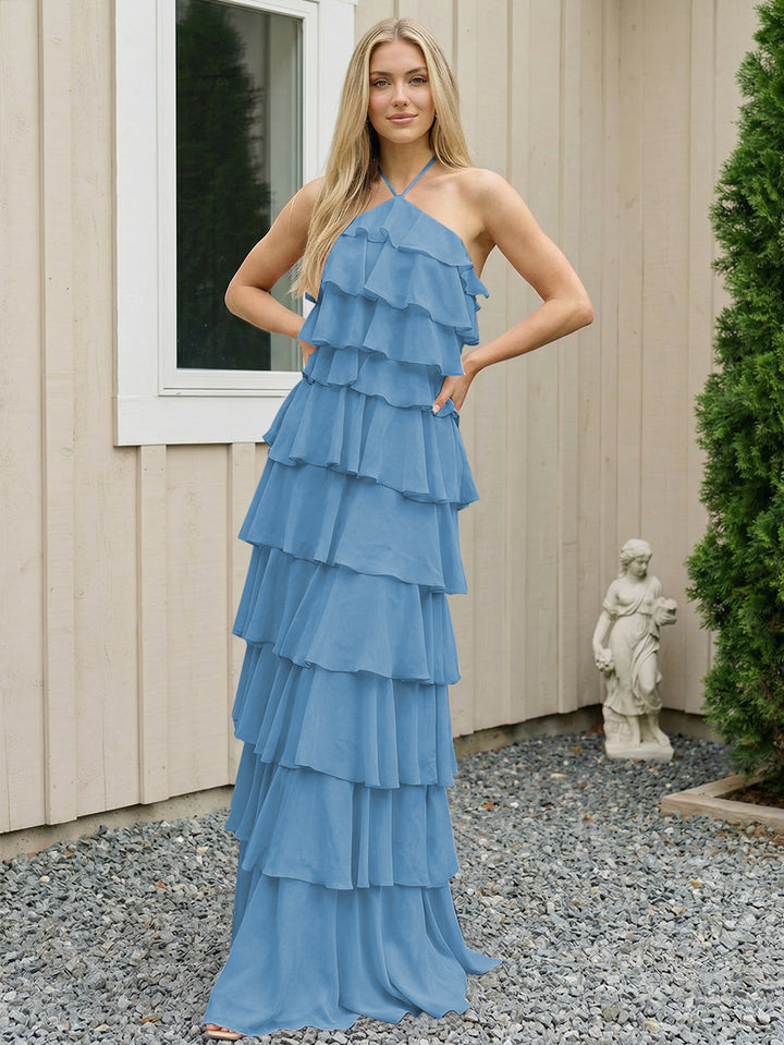 Chiffon Halter Tiered Maxi Long Formal Dresses with Backless Design