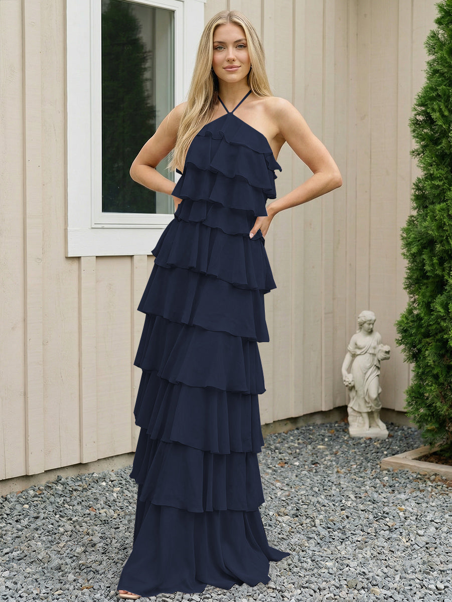 Chiffon Halter Tiered Maxi Long Formal Dresses with Backless Design