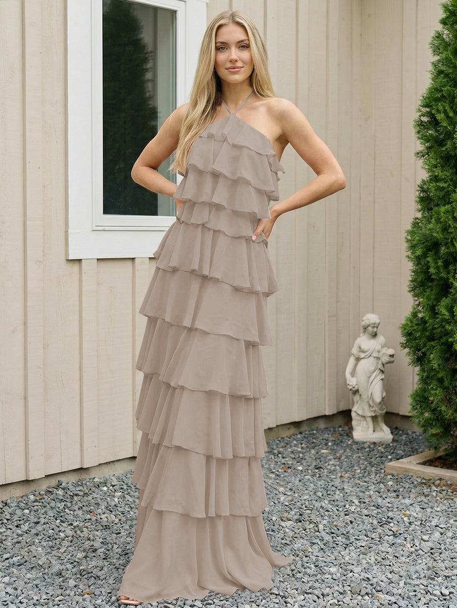 Chiffon Halter Tiered Maxi Long Formal Dresses with Backless Design