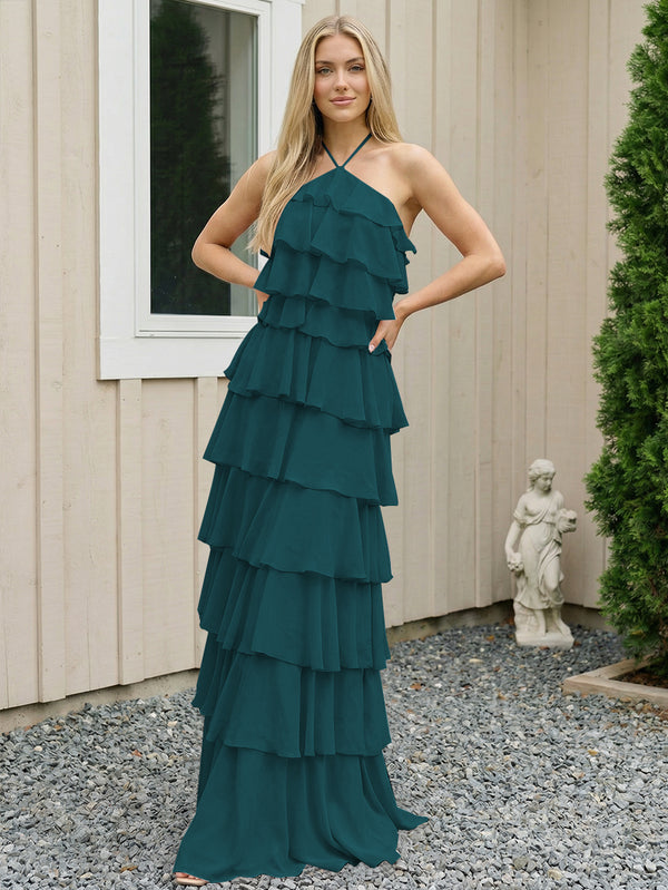 Chiffon Halter Tiered Maxi Long Bridesmaid Dresses with Backless Design