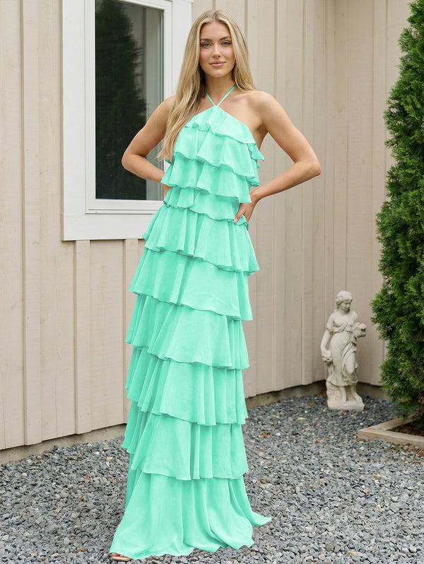 Chiffon Halter Tiered Maxi Long Bridesmaid Dresses with Backless Design