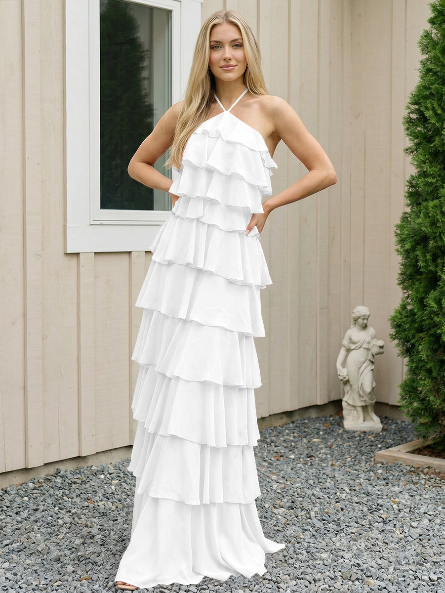 Chiffon Halter Tiered Maxi Long Formal Dresses with Backless Design
