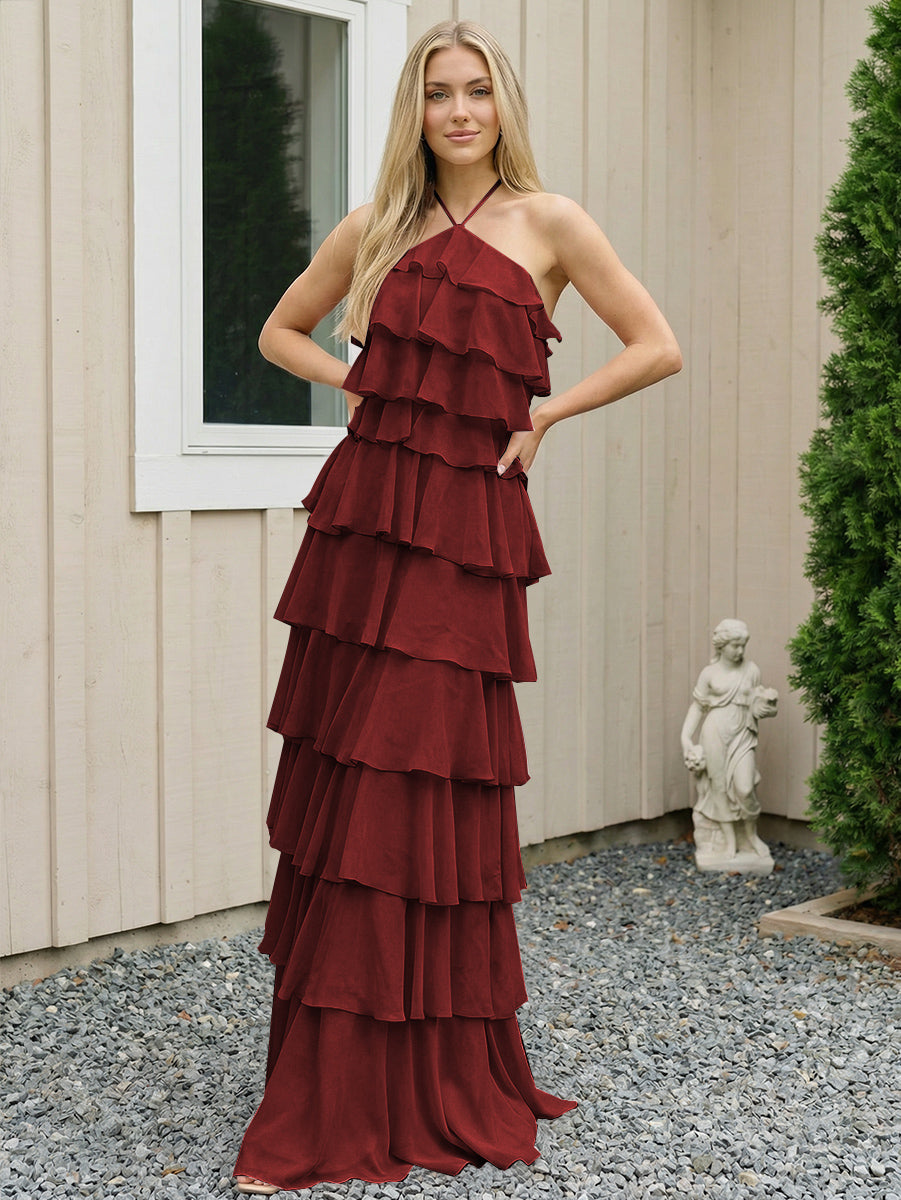 Chiffon Halter Tiered Maxi Long Formal Dresses with Backless Design