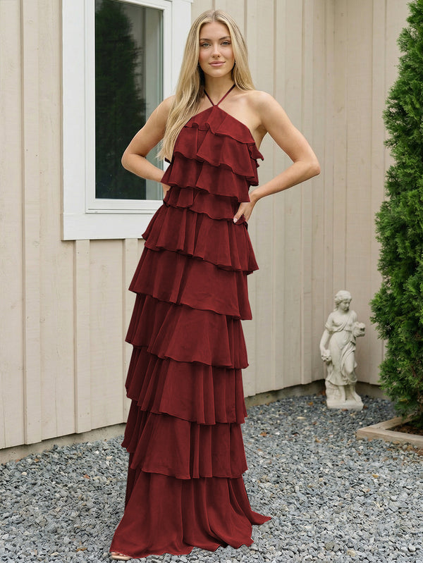 Chiffon Halter Tiered Maxi Long Bridesmaid Dresses with Backless Design