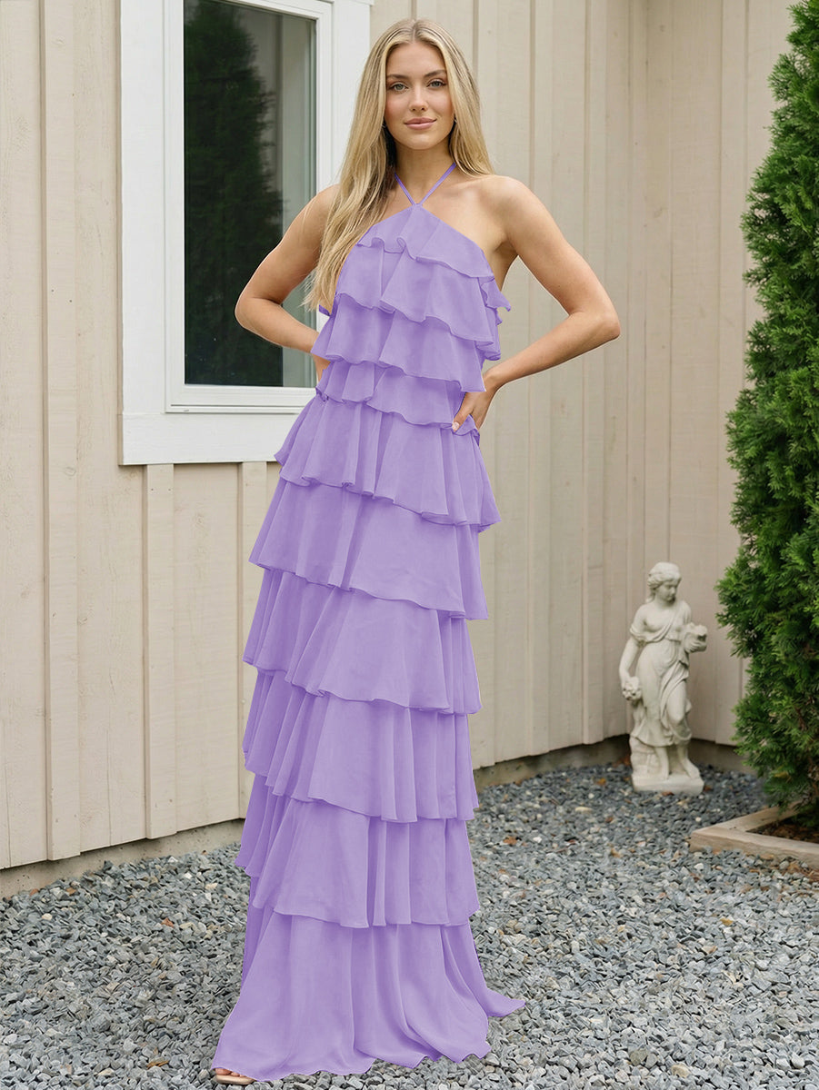 Chiffon Halter Tiered Maxi Long Formal Dresses with Backless Design