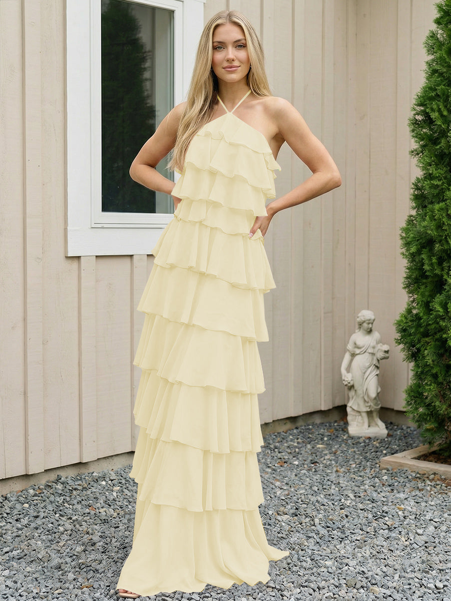 Chiffon Halter Tiered Maxi Long Formal Dresses with Backless Design