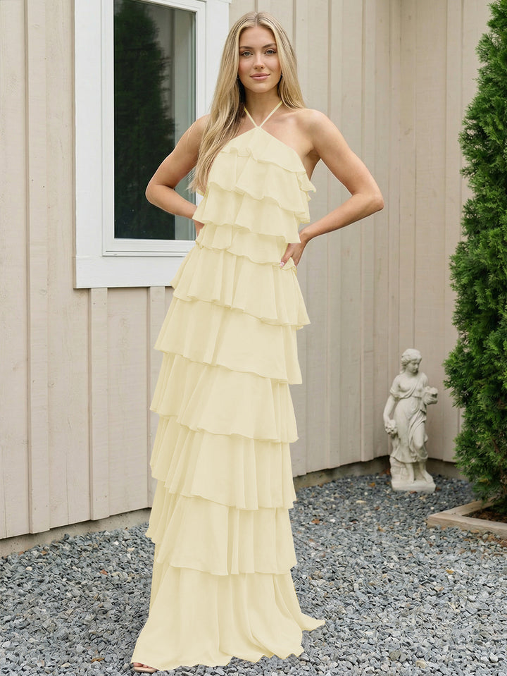 Chiffon Halter Tiered Maxi Long Formal Dresses with Backless Design