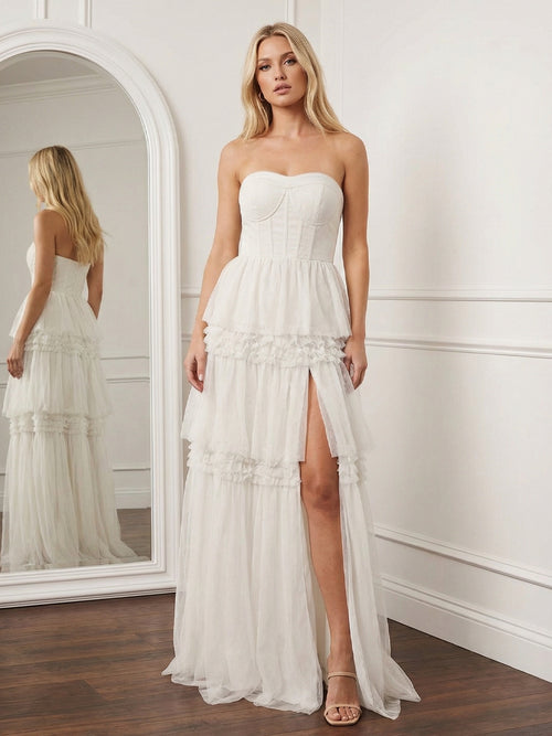 Tulle Strapless Tiered Maxi Long Bridesmaid Dresses with Slit