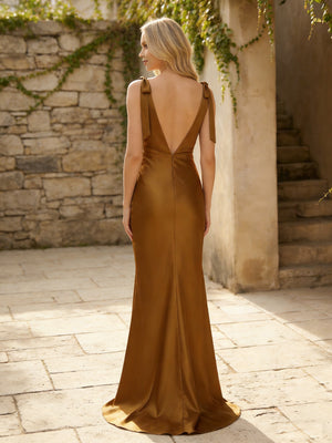 Satin Spaghetti Straps Sheath Bridesmaid Dresses with Bows