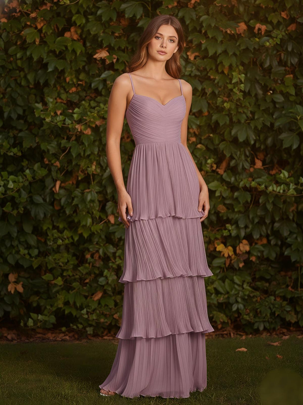 Spaghetti Straps Sweetheart Tiered Pleated A Line Chiffon Bridesmaid Dresses