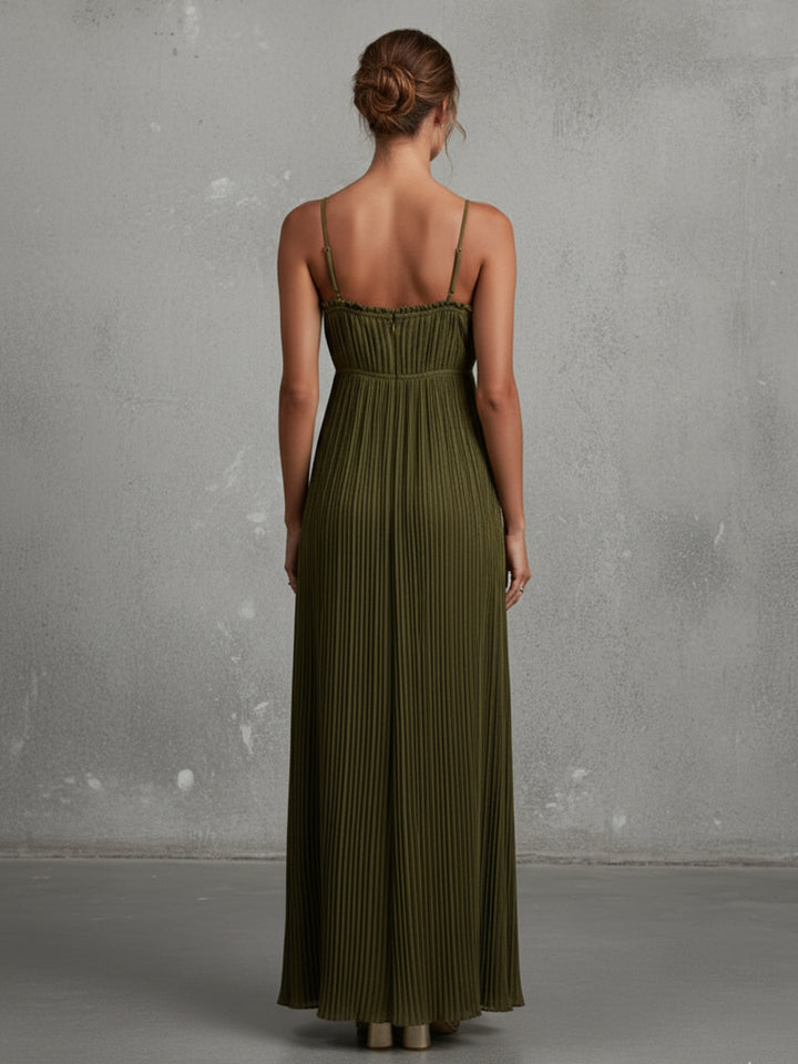 Spaghetti Straps Pleated Satin A Line Formal Dresses
