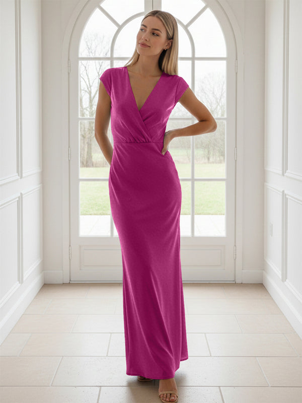 V Neck Short Sleeves Pleated Satin Sheath Bridesmaid Dresses