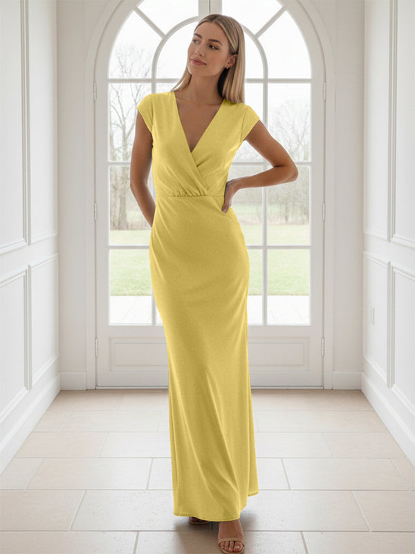 V Neck Short Sleeves Pleated Satin Sheath Bridesmaid Dresses