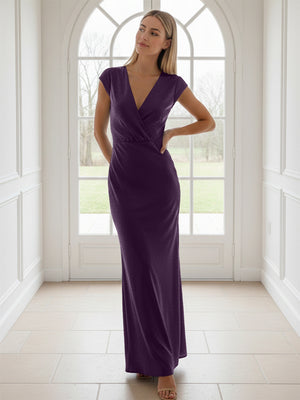 V Neck Short Sleeves Pleated Satin Sheath Bridesmaid Dresses