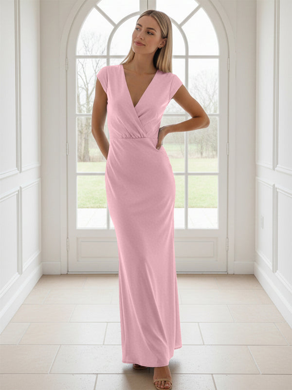 V Neck Short Sleeves Pleated Satin Sheath Bridesmaid Dresses