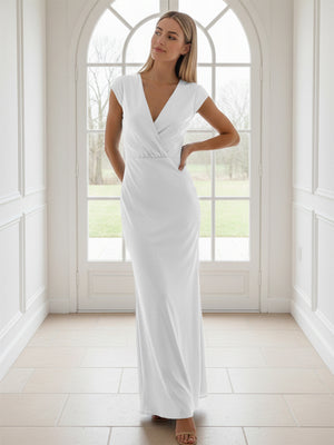 V Neck Short Sleeves Pleated Satin Sheath Bridesmaid Dresses