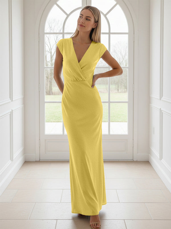 V Neck Short Sleeves Pleated Satin Sheath Bridesmaid Dresses