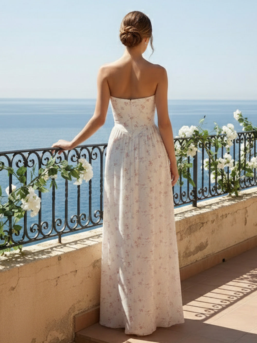 Strapless Pleated A Line Floral Print Bridesmaid Dresses