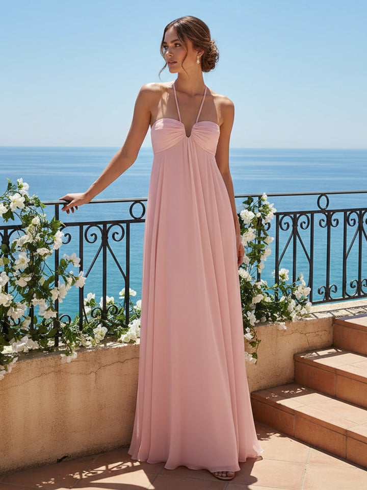 V Neck Spaghetti Straps Pleated A Line Formal Dresses