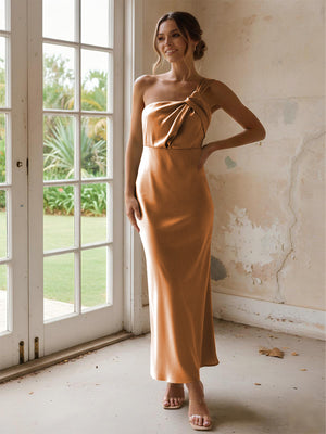 One Shoulder Pleated Satin Mermaid Bridesmaid Dresses