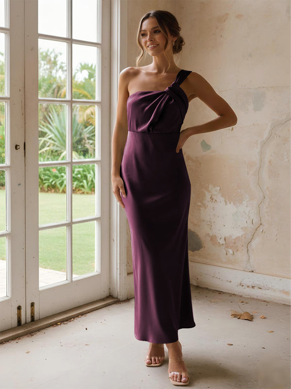 One Shoulder Pleated Satin Mermaid Bridesmaid Dresses