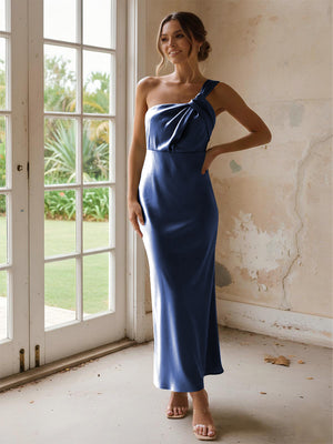 One Shoulder Pleated Satin Mermaid Bridesmaid Dresses