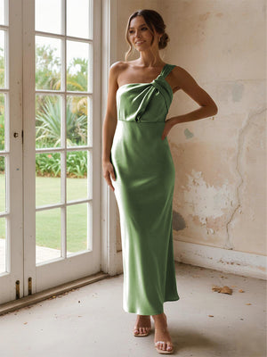 One Shoulder Pleated Satin Mermaid Bridesmaid Dresses