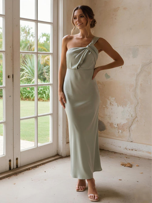 One Shoulder Pleated Satin Mermaid Bridesmaid Dresses