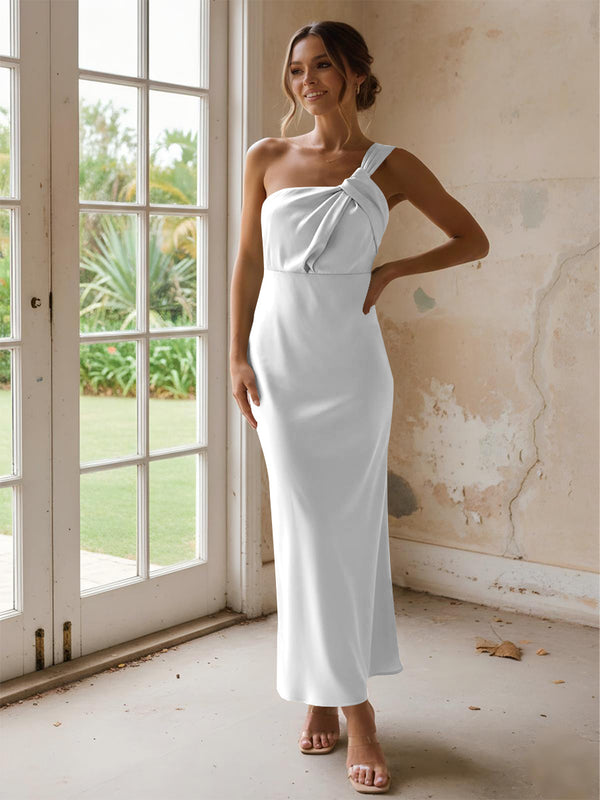 One Shoulder Pleated Satin Mermaid Bridesmaid Dresses