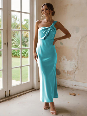 One Shoulder Pleated Satin Mermaid Bridesmaid Dresses