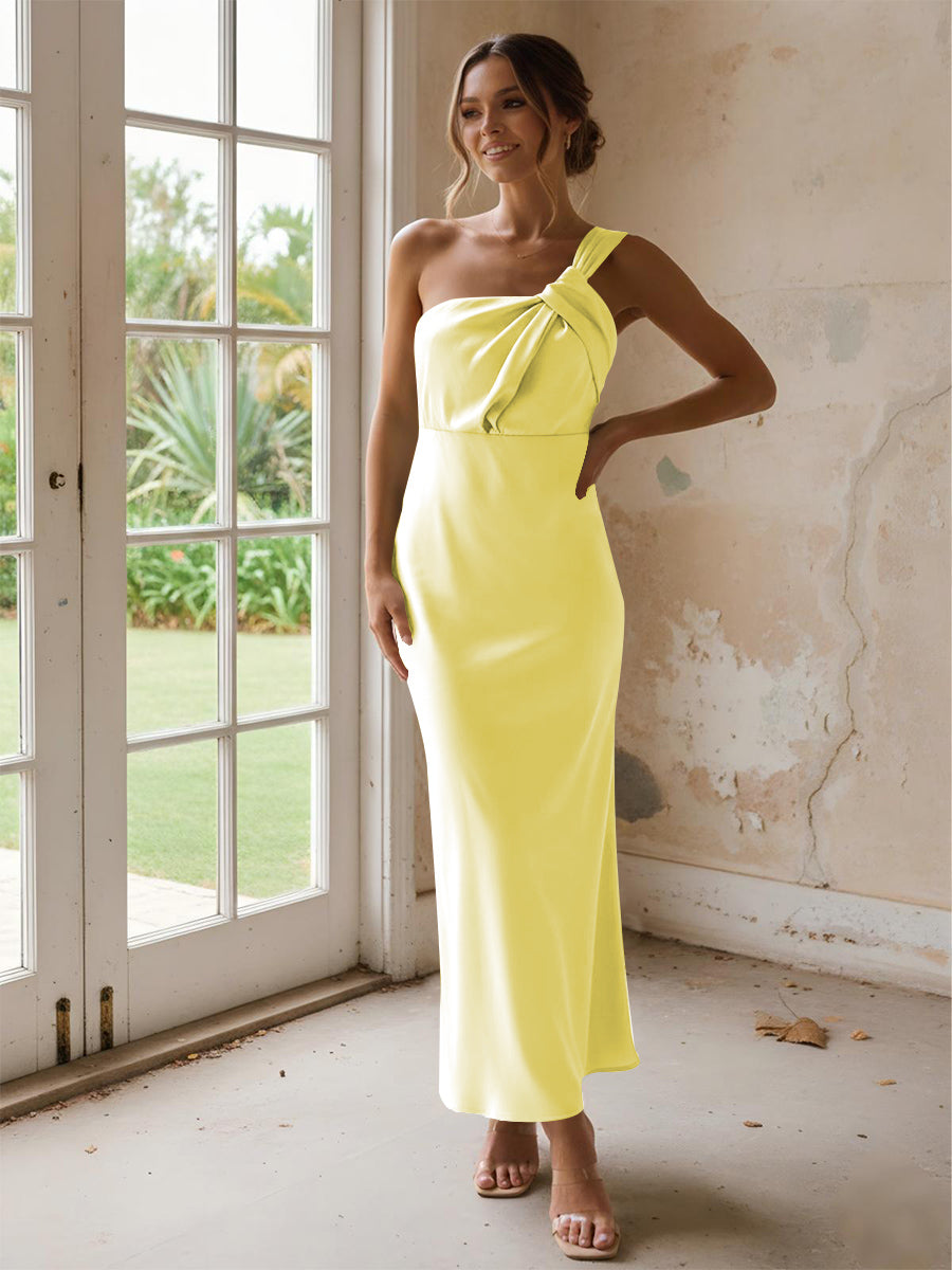 One Shoulder Pleated Satin Mermaid Bridesmaid Dresses