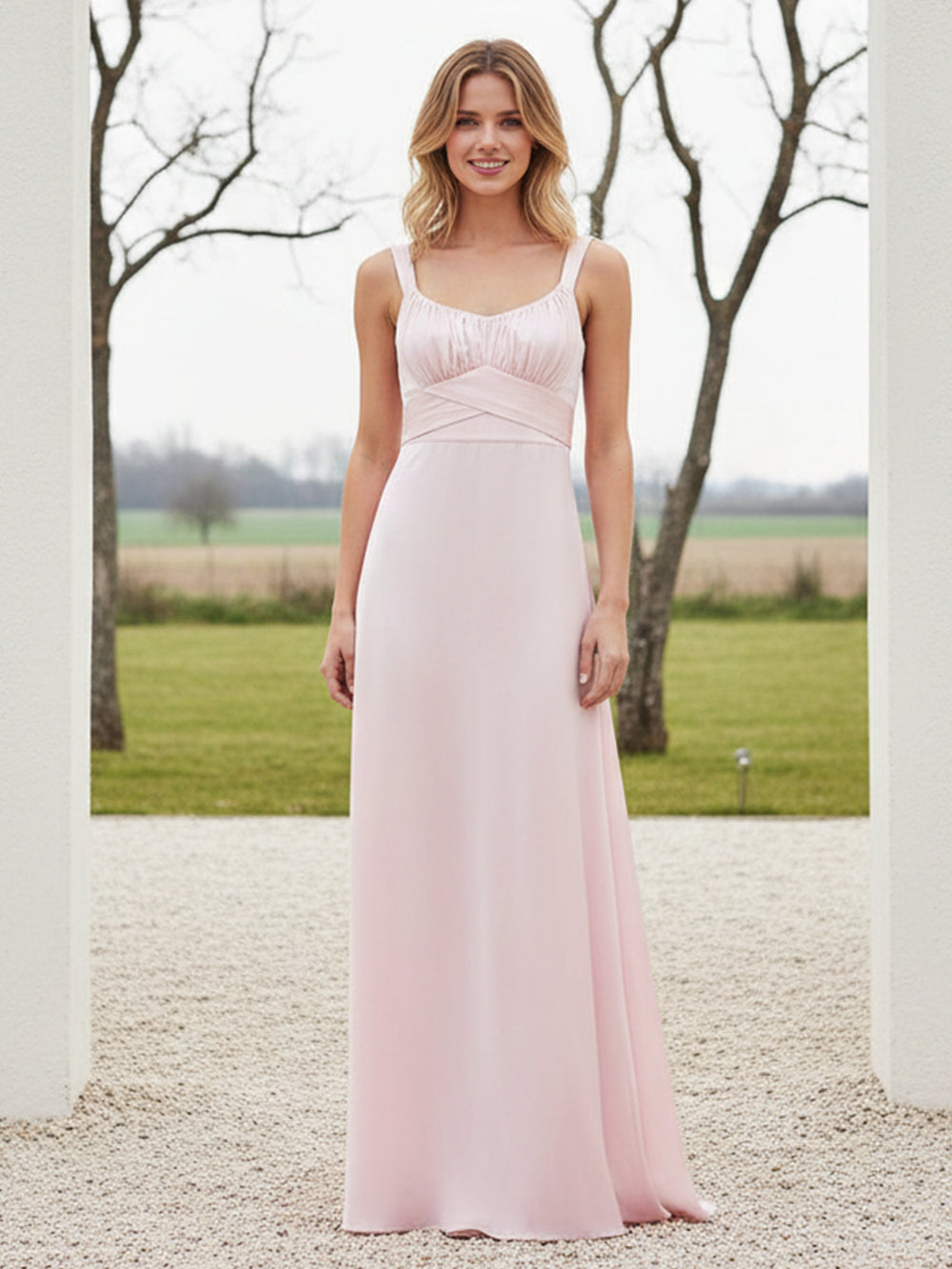 Round Neck Satin Spaghetti Straps Pleated A Line Bridesmaid Dresses