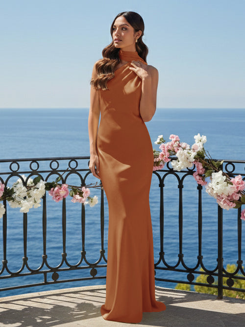 One Shoulder Satin Long Bridesmaid Dresses with Scarf